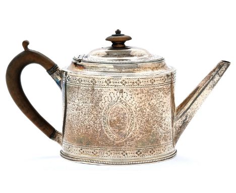 A George III oval silver teapot, with beaded rims and engraved border, 13.5cm h, by Hester Bateman, London 1784, 12ozs 15dwts