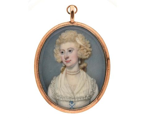 Richard Crosse (1742-1810) - Portrait Miniature of a Lady, in a lace trimmed white dress and fichu, bodice laced in blue, pea