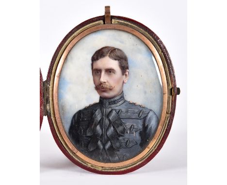 Dickensons, late 19th c - Portrait Miniature of Colonel Parker, in uniform, sky background, 100 x 78mm, gold frame engraved C