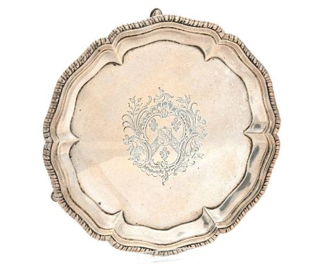 A George II gadrooned silver waiter,&nbsp; engraved with contemporary marital arms of Robert Ramsden of Osberton, Nottinghams