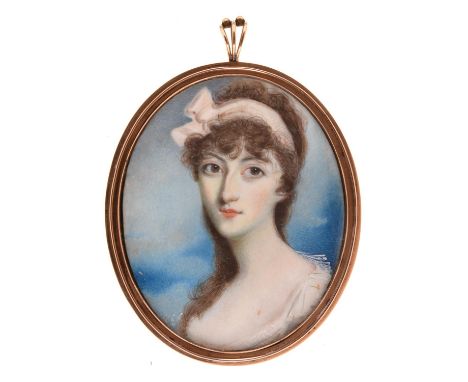 English&nbsp;School, early 19th c - Portrait Miniature of a Lady, wearing a white bow in her light brown hair, in white dress