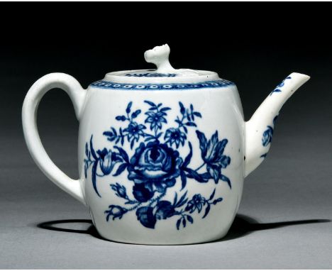 A Worcester barrel shaped teapot and cover, c1770, transfer printed in underglaze blue with the Rose-centred Spray Group patt
