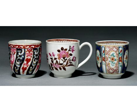 Three Worcester coffee cups, c1770, decorated in the Queen Charlotte and other patterns, 65mm h and circa, fretted square or 