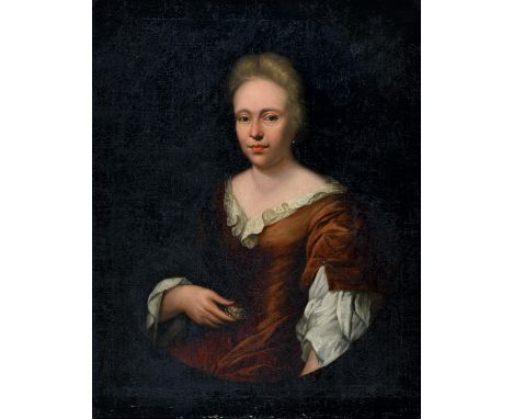 English School, early 18th century - Portrait of Mary, Mrs James Coates, half length in a brown dress and pearl earrings, hol