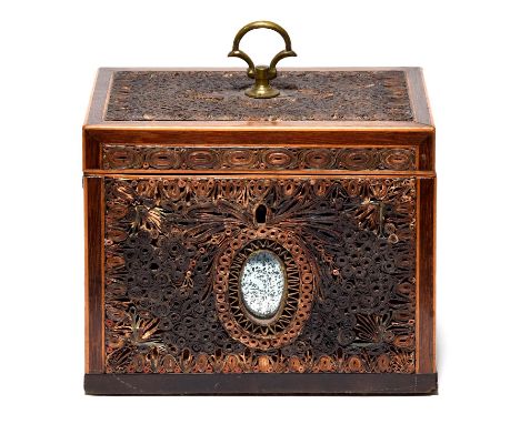 A George III mahogany, line inlaid, quilled paper and mirror inset tea caddy, late 18th c, with tightly coiled polychrome pap