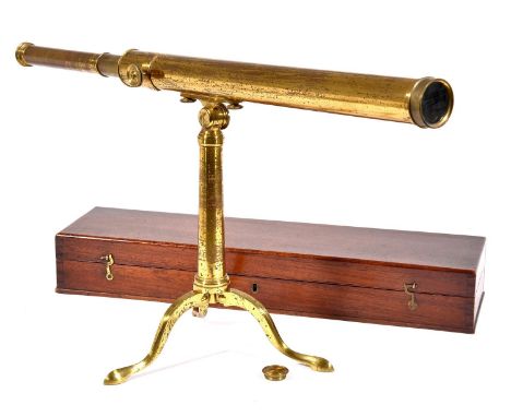 An English brass 1½inch refracting telescope, Dollond, London, c1820, with rackwork focusing, on cradle and compass joint, ta