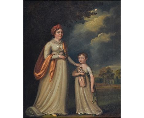 Matthew Haughton (1766-1821) ‘ Portrait of a Lady and her young Daughter, small full length, each in white dress, the lady in