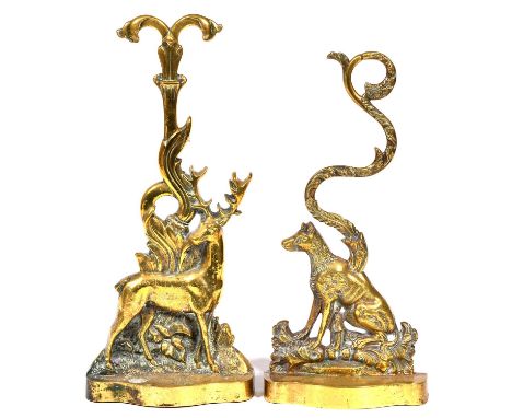 Two similar Victorian brass doorstops in the form of a stag and hound, mid 19th century, lead or iron weighted, 36 and 40cm h