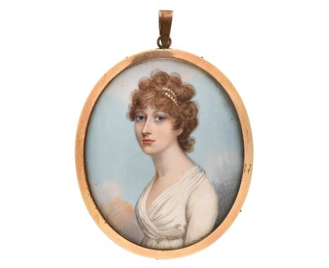 English&nbsp;School, c1790 - Portrait Miniature of a Lady, in a white dress and pearls in her curly light brown hair, sky bac