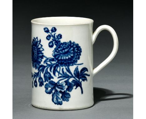 A Worcester mug, c1760-70, transfer printed in underglaze blue with the Natural Sprays Group pattern, 12cm h, crescent  Prove