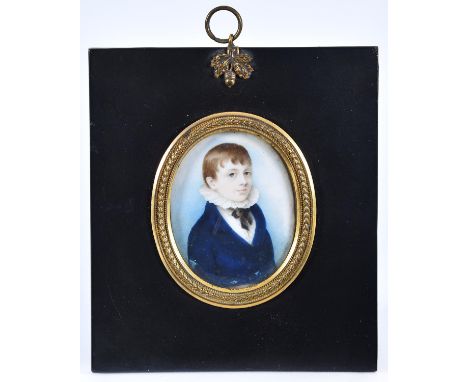 English&nbsp;School, early 19th c - Portrait Miniature of a Boy, wearing a ruff, in blue coat, sky background, oval, 72 x 59m
