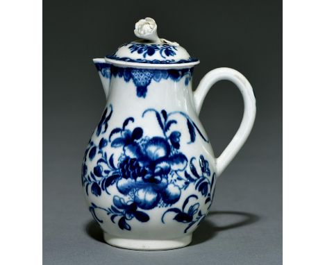 A Worcester sparrow beak hot milk jug and cover, c1770, painted in underglaze blue with the Mansfield pattern, 12.5cm h, cres