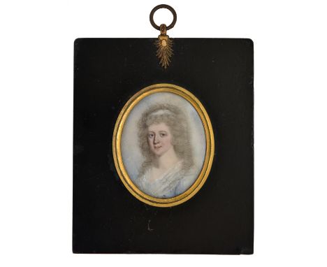 John Barry&nbsp;(c1784-1827) - Portrait Miniature of a Lady,&nbsp;with powdered hair, in light blue dress with fichu, oval, 6