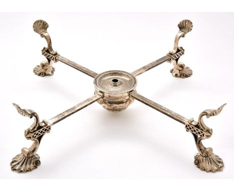 A George II silver dish cross, the trellis pierced legs with shell thumbpiece and foot, with silver lamp, crested, 33cm l, fu