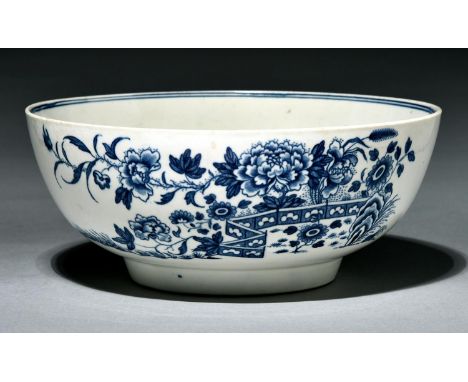 A Worcester bowl, c1780, transfer printed in underglaze blue with the Fence pattern, 20.5cm diam, hatched crescent    Good co