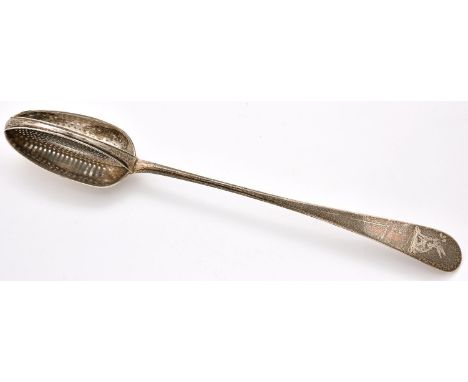 A George&nbsp;III silver straining spoon,&nbsp;Old English pattern, crested, by Hester Bateman, London 1780, 4ozs  Provenance