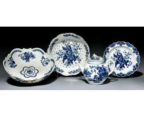 A Worcester salad bowl, cress dish, plate and teapot and cover, c1770 and c1780, painted or printed and painted in underglaze