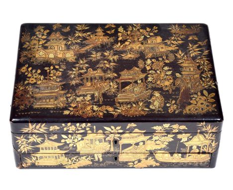 A Chinese black and gold export lacquer box, early 19th c, decorated on all four sides and fitted with a drawer, 34cm l  Prov