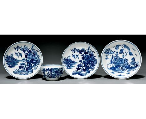 A Lowestoft saucer and a Worcester tea bowl and two saucers, c1780, transfer printed in underglaze blue with the Pagoda, Catk