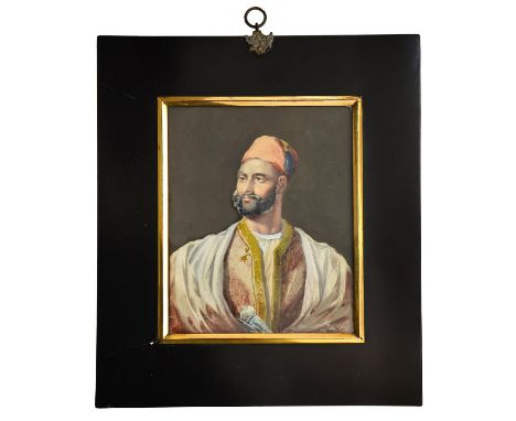 English&nbsp;School - Portrait of a Turk,&nbsp;bust length in fez and robes with the hilt of a dagger, 150 x 122mm, papier ma