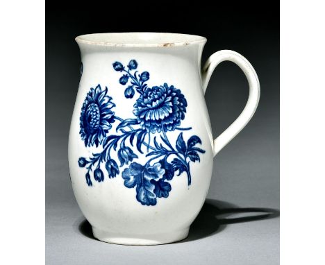 A Worcester baluster mug, c1760-70, transfer printed in underglaze blue with the Natural Sprays Group pattern, 15cm h, open c