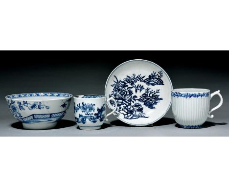 Two Lowestoft coffee cups, one reeded, a saucer and bowl, c1765 and c1780, the saucer transfer printed, the others painted in