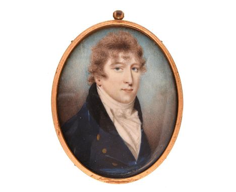 English&nbsp;School, early 19th c - Portrait Miniature of a Gentleman, in blue coat with brass buttons and black collar and w