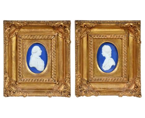A pair of Wedgwood jasper portrait medallions of King George III and Queen Charlotte, c1790,&nbsp;of white jasper, dark blue 