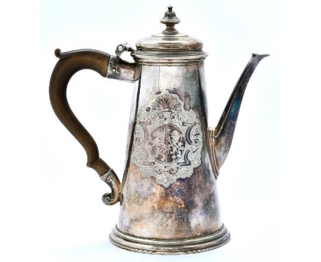 A George II silver coffee pot, the bun lid with pear shaped knop, engraved with armorials, 21cm h, by Charles Hatfield, Londo