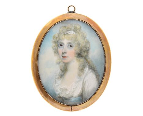 Peter Holland&nbsp;(1757-c1812) - Portrait Miniature of a Lady, in frilled white dress with pale blue waistband, sky backgrou