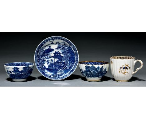 A Caughley tea bowl and saucer, larger tea bowl and coffee cup, c1790, transfer printed in underglaze blue with the Fenced Ga