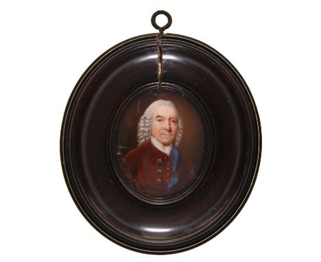 English&nbsp;School, 18th c - Portrait Miniature of John Chandler,&nbsp;in powdered wig and blue lined brown coat, oval, 50 x