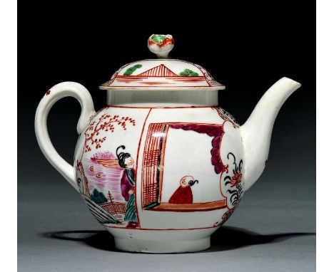 A Worcester polychrome teapot and cover, c1775, painted in famille rose style with a group of Chinese figures and to the othe
