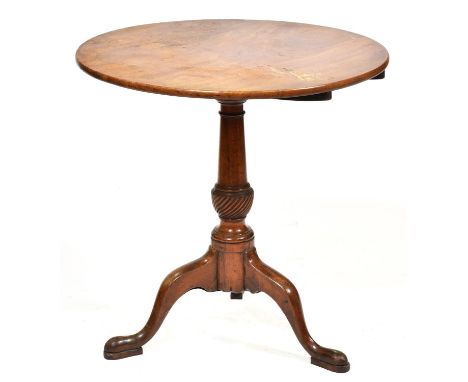 A George III mahogany tripod table, late 18th c, the tapered pillar with spirally reed knop, on pad feet, 70cm h x 70cm diam 