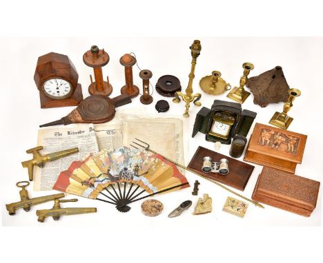 Miscellaneous metalwork and bygones, to include a Victorian pyramidal cast iron oil lamp base, brass toasting fork, brass thr