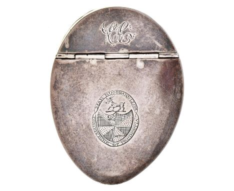 A Scottish&nbsp;George&nbsp;III silver mounted cowrie shell snuff mull, c1790&nbsp;with scalloped mount, crested, 75mm l Prov