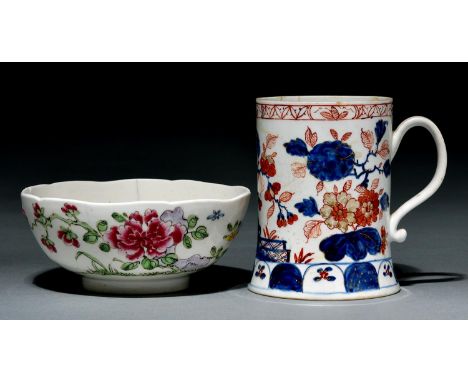 A Bow polychrome bowl and Imari mug, c1755, the bowl painted in famille rose style with trailing peony in a garden, the mug o