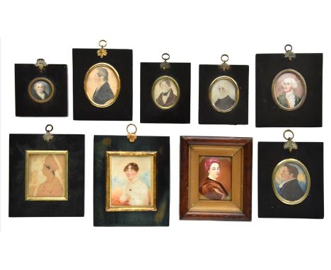 English&nbsp;Naïve Artist, early 19th c - Portrait Miniatures of a Lady and a Gentleman,&nbsp;oval, 55 x 45mm, papier mache f