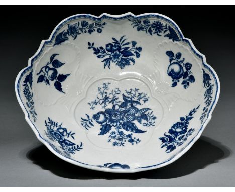 A Caughley salad bowl, c1780, transfer printed in underglaze blue with the Pinecone pattern, 25.5cm diam, c mark    Good cond