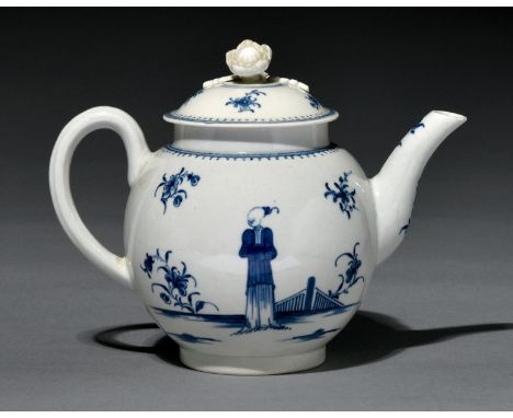 A Worcester teapot and cover, c1770, painted in underglaze blue with the Waiting Chinaman pattern, 13.5cm h, crescent  Proven