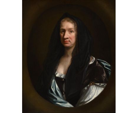 English School, c1690 - Portrait of Eusanna Crawley-Boevey, bust length in a white dress with blue mantle and black lace head