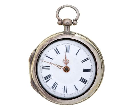 An English silver pair cased verge watch, Frans Pinney London, No 8355, with enamelled dial and finely pierced and engraved b