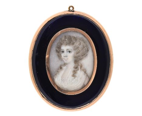 English&nbsp;School, late 18th c - Portrait Miniature of a Lady, in a white dress, oval, 41 x 30mm, gold frame with initials 