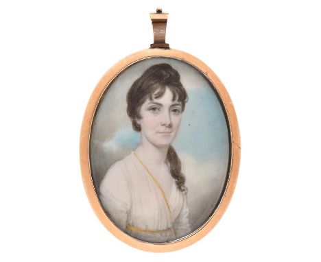 English&nbsp;School, early 19th c - Portrait Miniature of a Lady, her long dark hair tied with a ribbon and curling over her 