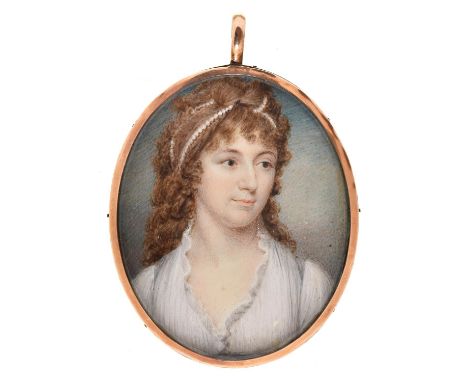 English&nbsp;School, late 18th c - Portrait Miniature of a Lady, wearing pearls in her long light brown hair, in white chemis