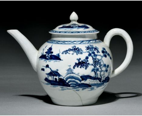 A Liverpool teapot and cover, Philip Christian, c1770, painted in underglaze blue with a house on a promontory, stylised rock