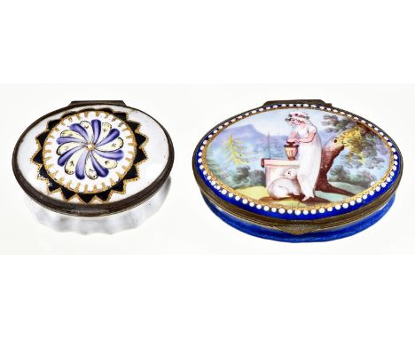 Two George III enamel patch boxes, South Staffordshire, late 18th c, the lid of the larger painted with a shepherdess at an a