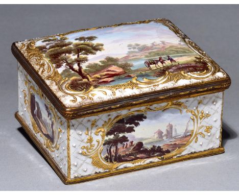 An enamel box, late 19th century, the sides and slightly domed lid painted in polychrome with pastoral scenes in gilt rococo 