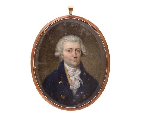 English&nbsp;School, 18th c - Portrait Miniature of a Gentleman,&nbsp;his powdered hair en queue, in a blue coat with brass b