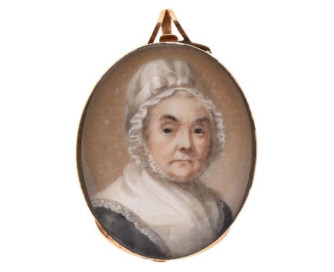 Abraham Daniel&nbsp;(c1760-1803) - Portrait Miniature of a Lady in a white mob cap tied with a ribbon, black dress and white 